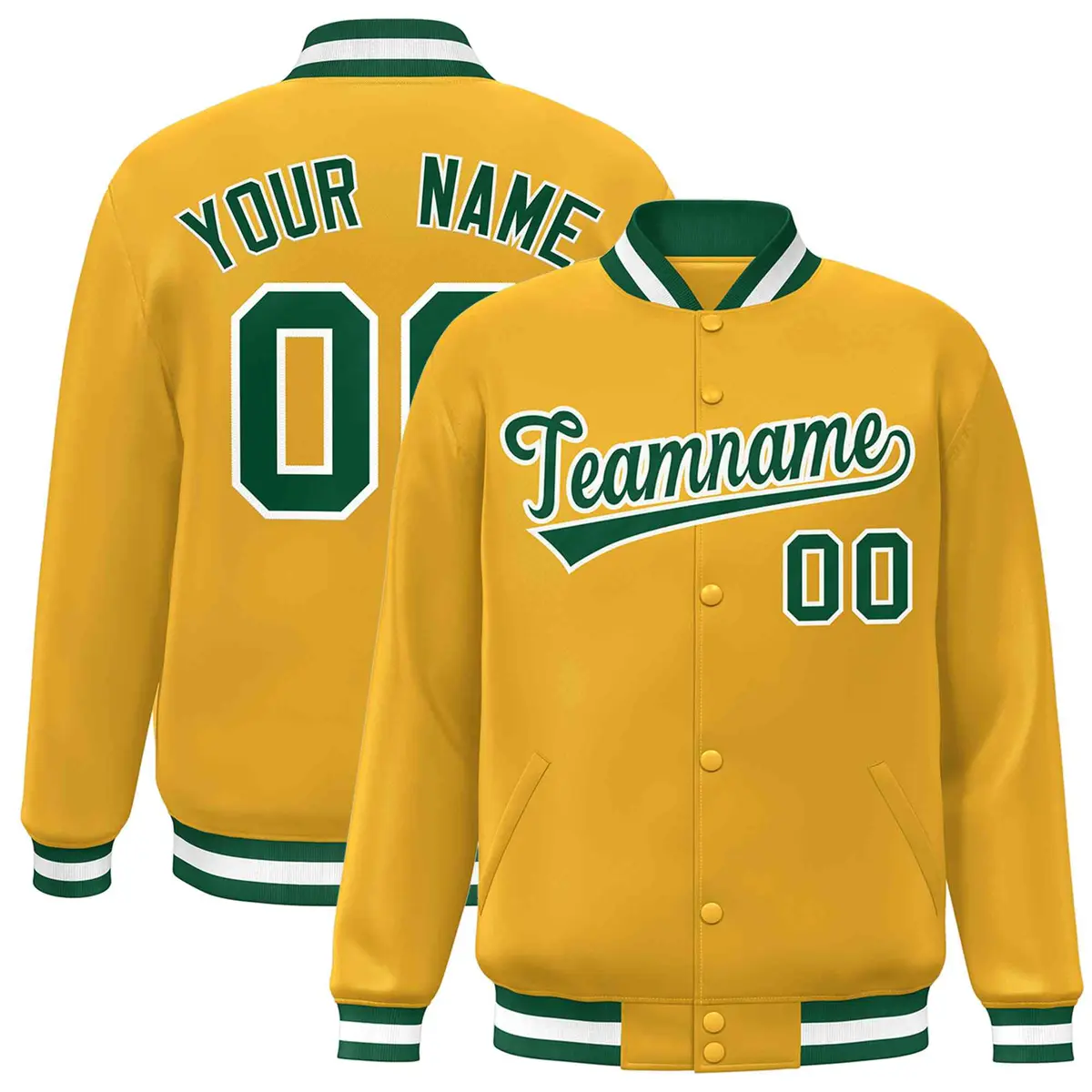Gold Green-White Classic Varsity Full-Snap Letterman Jacket