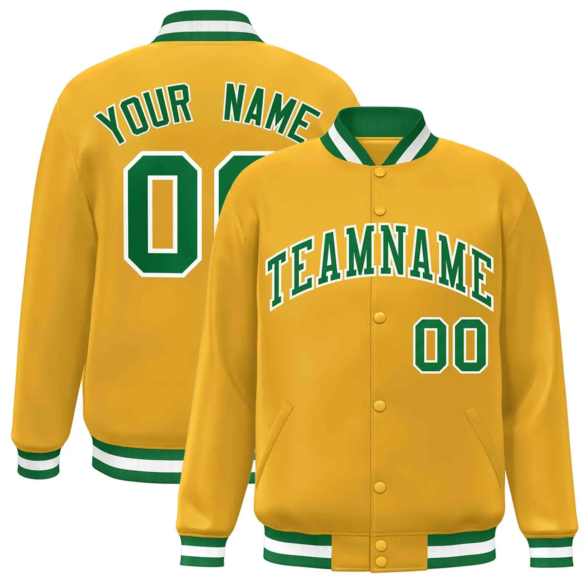 Gold Green-White Classic Varsity Full-Snap Letterman Jacket