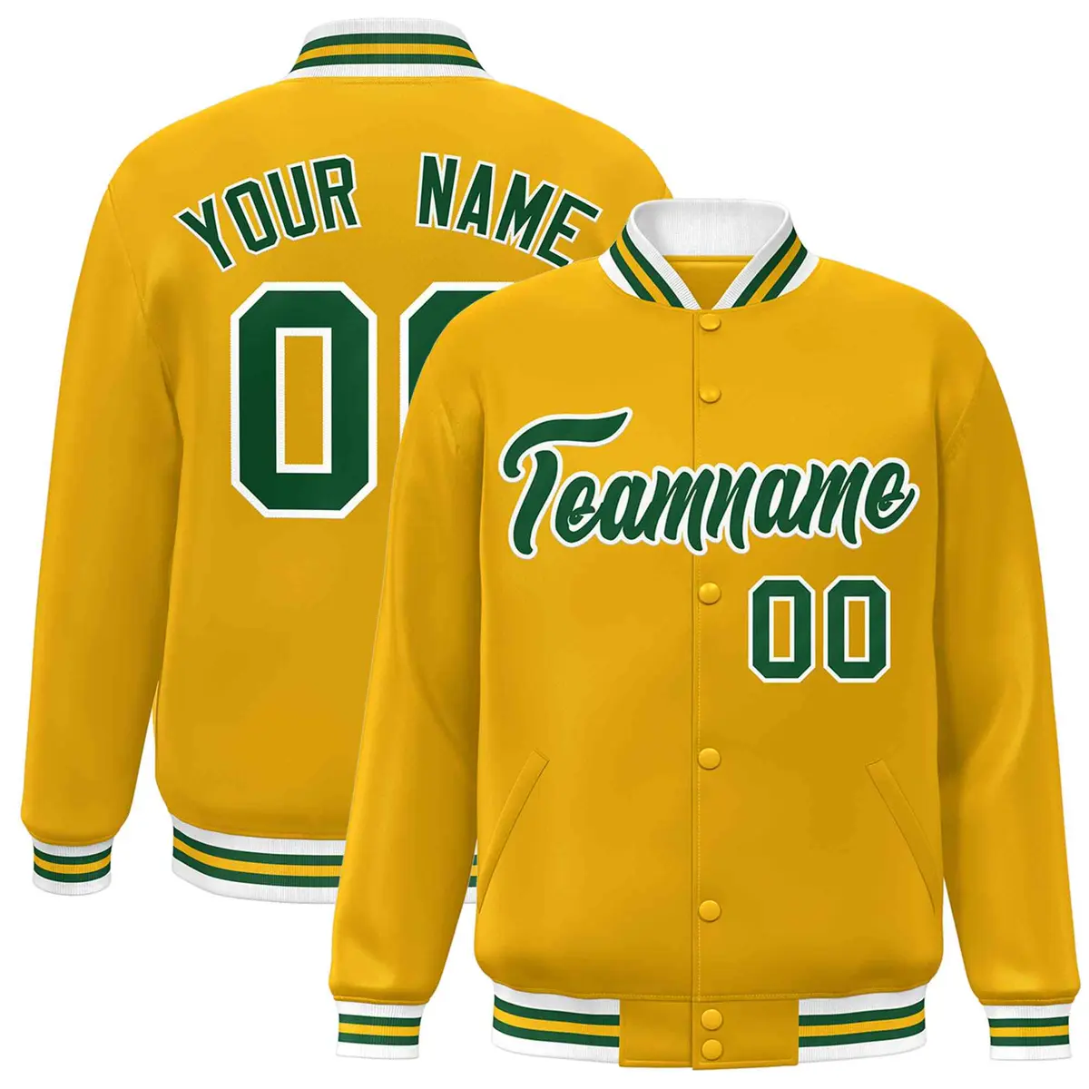 Gold Green-White Classic Varsity Full-Snap Letterman Jacket