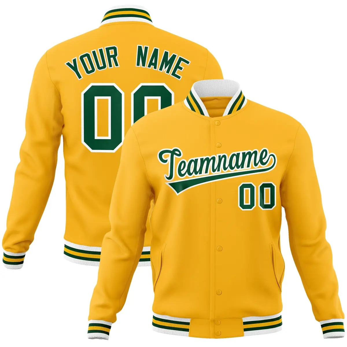 Gold Green-White Classic Varsity Full-Snap Letterman Jacket