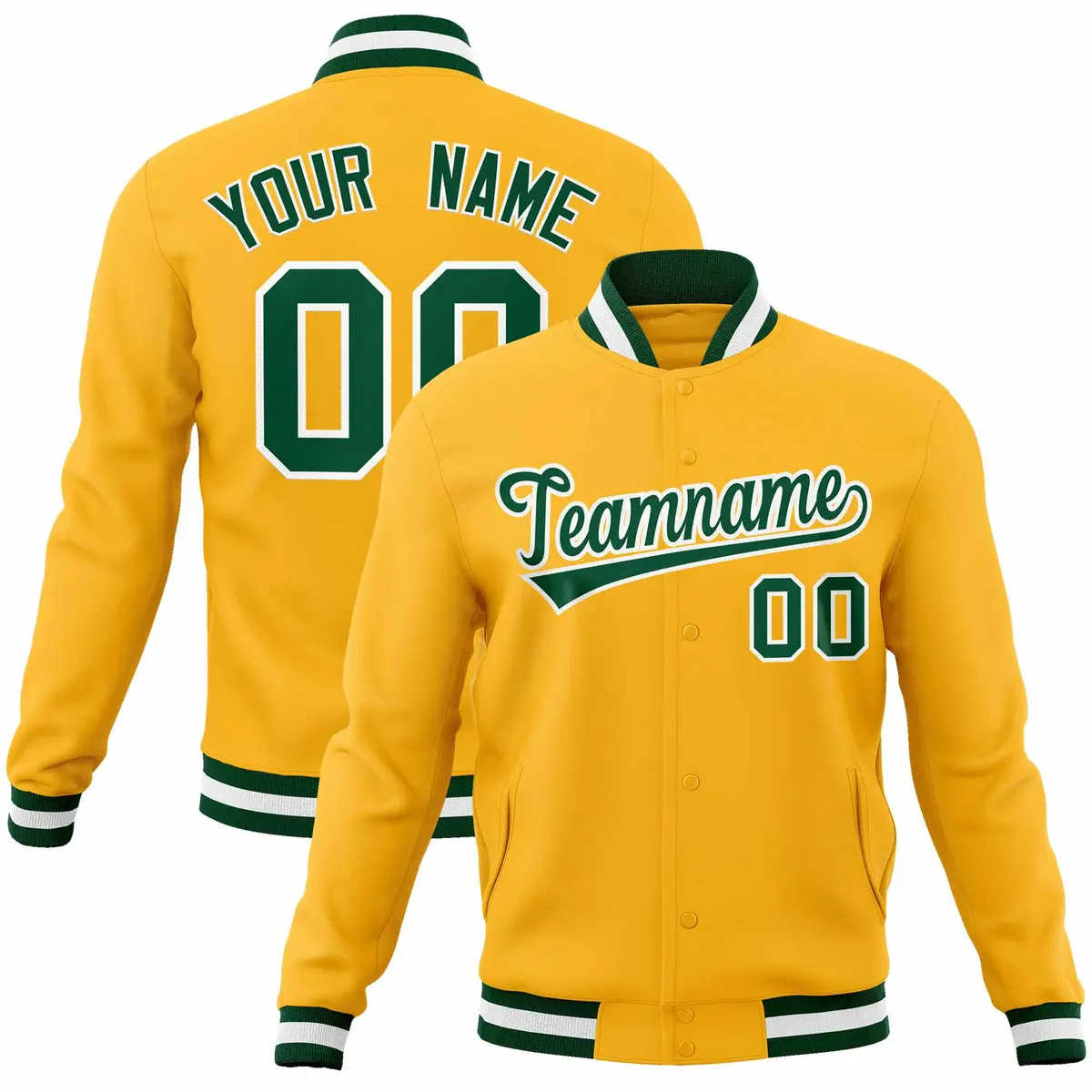 Gold Green-White Classic Varsity Full-Snap Letterman Jacket