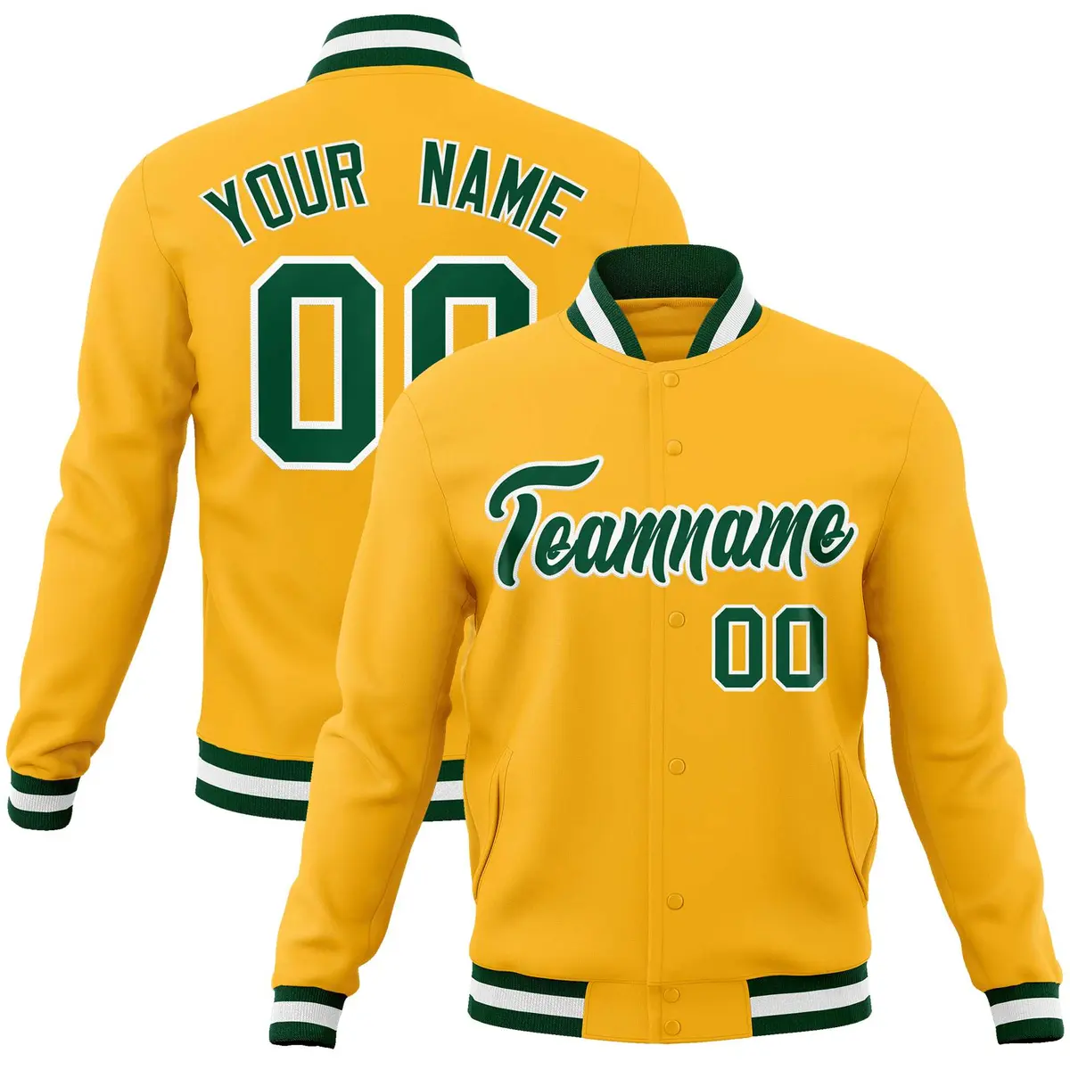 Gold Green-White Classic Varsity Full-Snap Letterman Jacket