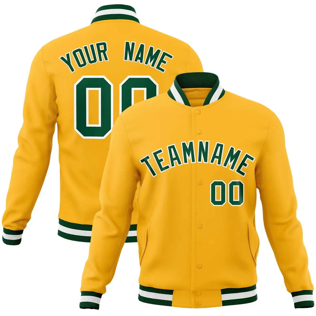 Gold Green-White Classic Varsity Full-Snap Letterman Jacket