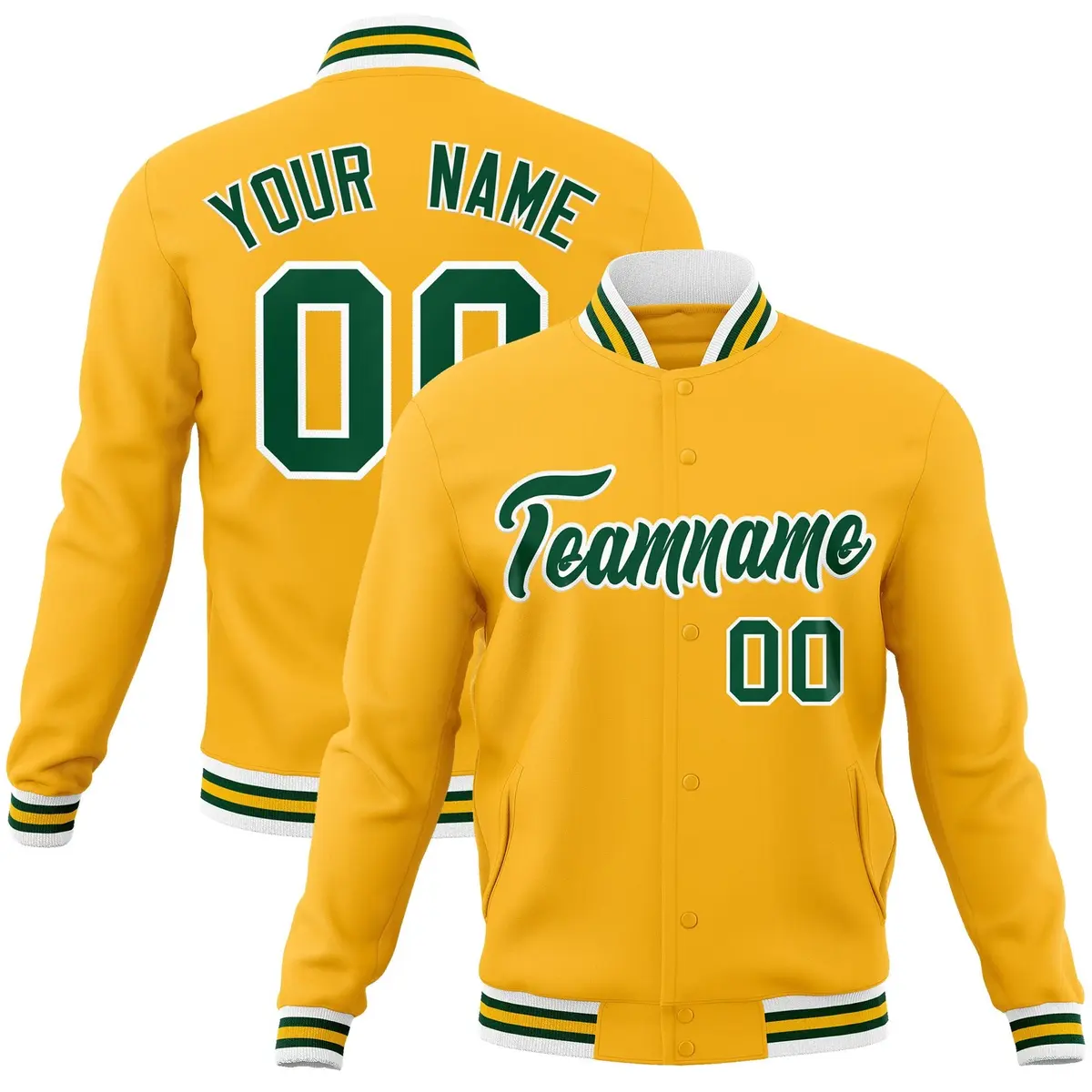Gold Green-White Classic Varsity Full-Snap Letterman Jacket
