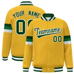 Gold Green-White Color Block Varsity Full-Snap Baseball Jacket 1