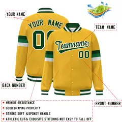 Gold Green-White Color Block Varsity Full-Snap Baseball Jacket 2
