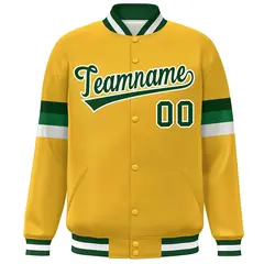 Gold Green-White Color Block Varsity Full-Snap Baseball Jacket 3
