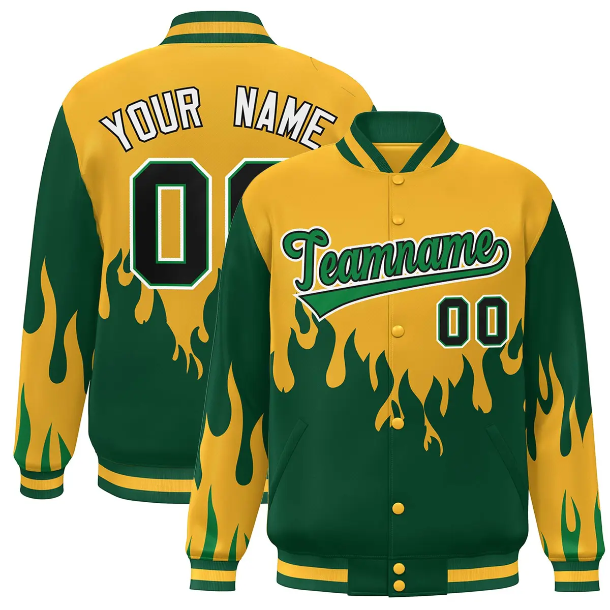 Gold Green-White Flame Graffiti Bomber Varsity Full-Snap Jacket