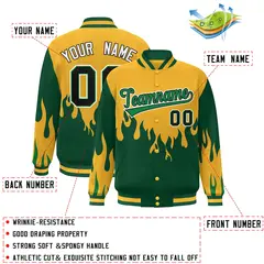 Gold Green-White Flame Graffiti Bomber Varsity Full-Snap Jacket 2