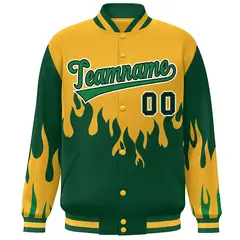 Gold Green-White Flame Graffiti Bomber Varsity Full-Snap Jacket 3