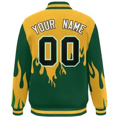Gold Green-White Flame Graffiti Bomber Varsity Full-Snap Jacket 4