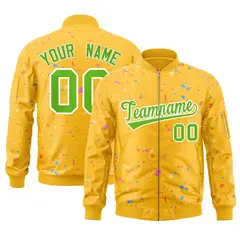 Gold Green White Full-Zip Graffiti Splash Varsity Letterman Jacket