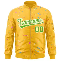 Gold Green White Full-Zip Graffiti Splash Varsity Letterman Jacket 3