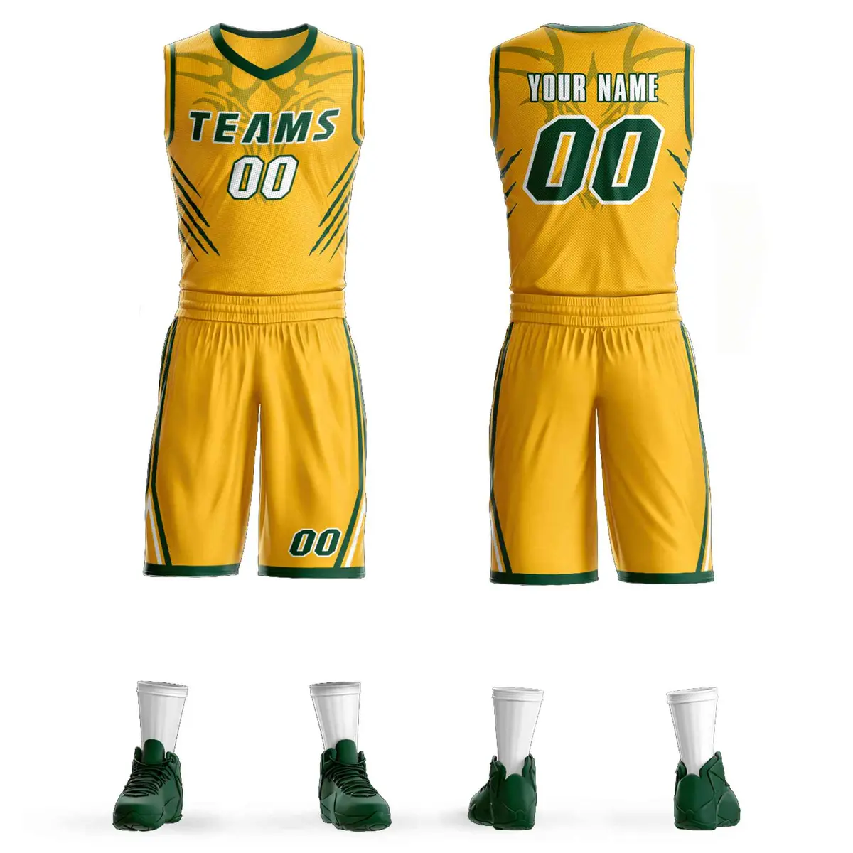 Gold Green-White Graffiti Claw Element Basketball Jersey