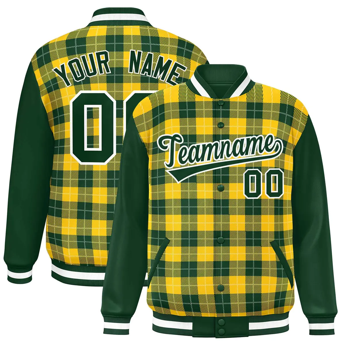 Gold Green-White Plaid Varsity Letterman Baseball Jacket