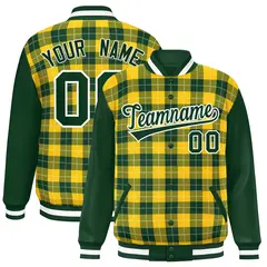 Gold Green-White Plaid Varsity Letterman Baseball Jacket 1