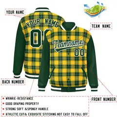 Gold Green-White Plaid Varsity Letterman Baseball Jacket 2