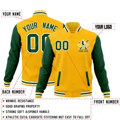 Gold Green White Raglan Sleeves Cotton Letterman Jacket 2