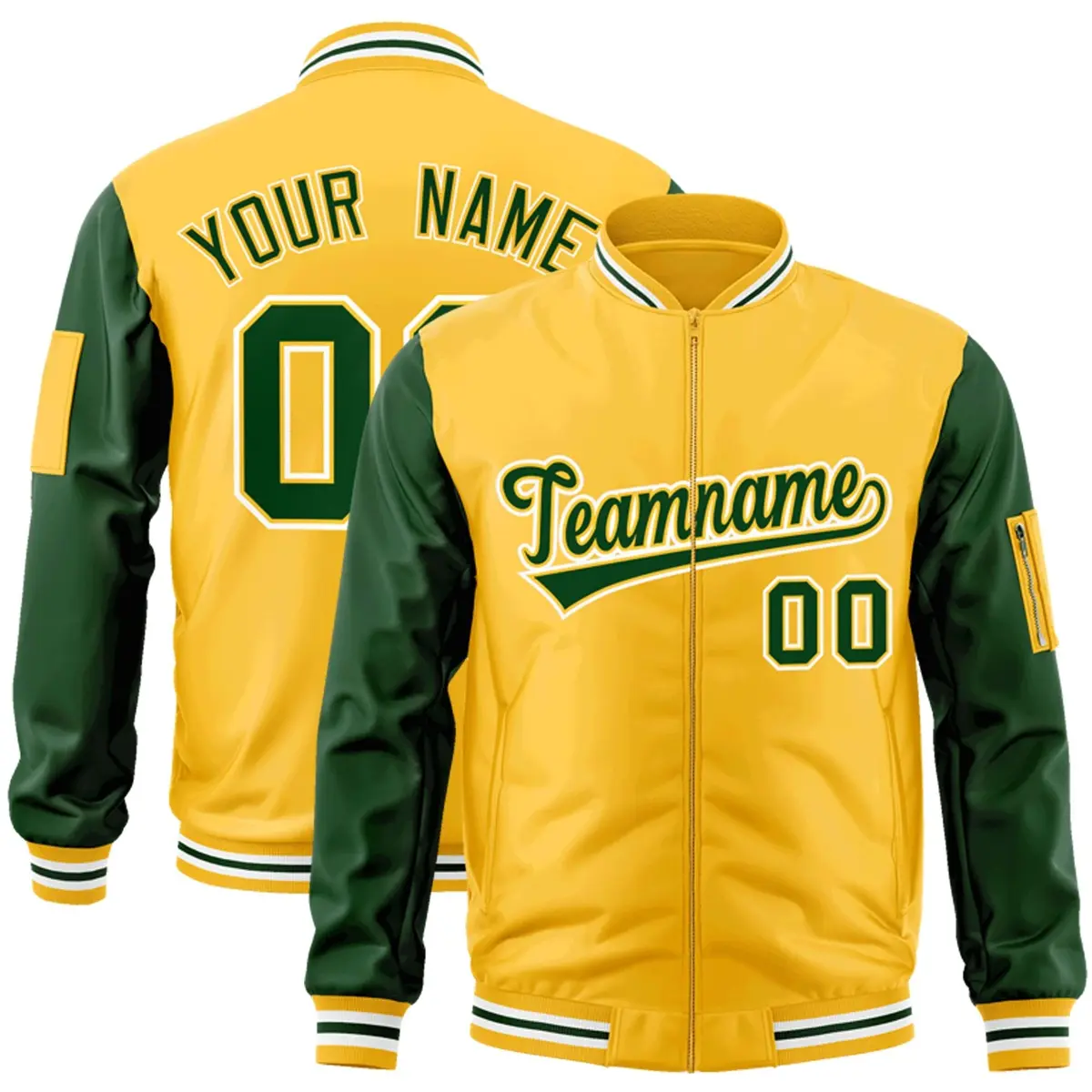 Gold Green-White Raglan Sleeves Letterman Bomber Jacket
