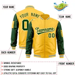 Gold Green-White Raglan Sleeves Letterman Bomber Jacket 2