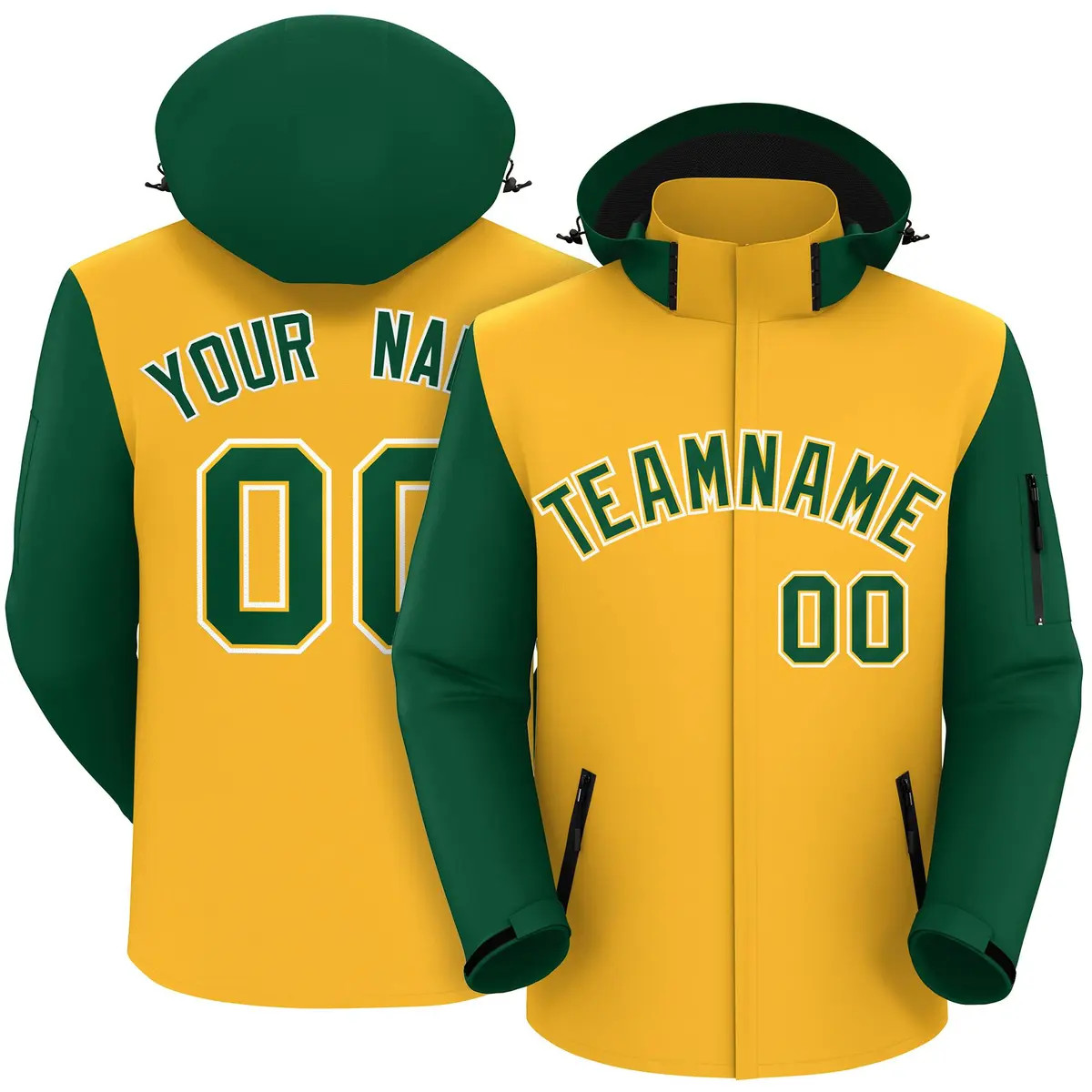 Gold Green-White Raglan Sleeves Waterproof Jacket