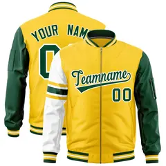 Gold Green-White Stripe Varsity Letterman Bomber Jacket 1
