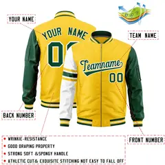 Gold Green-White Stripe Varsity Letterman Bomber Jacket 3