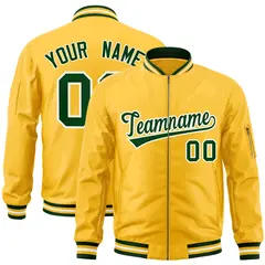 Gold Green-White Varsity Full-Zip Letterman Bomber Jacket