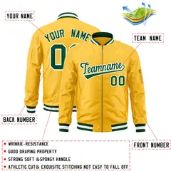 Gold Green-White Varsity Full-Zip Letterman Bomber Jacket 2