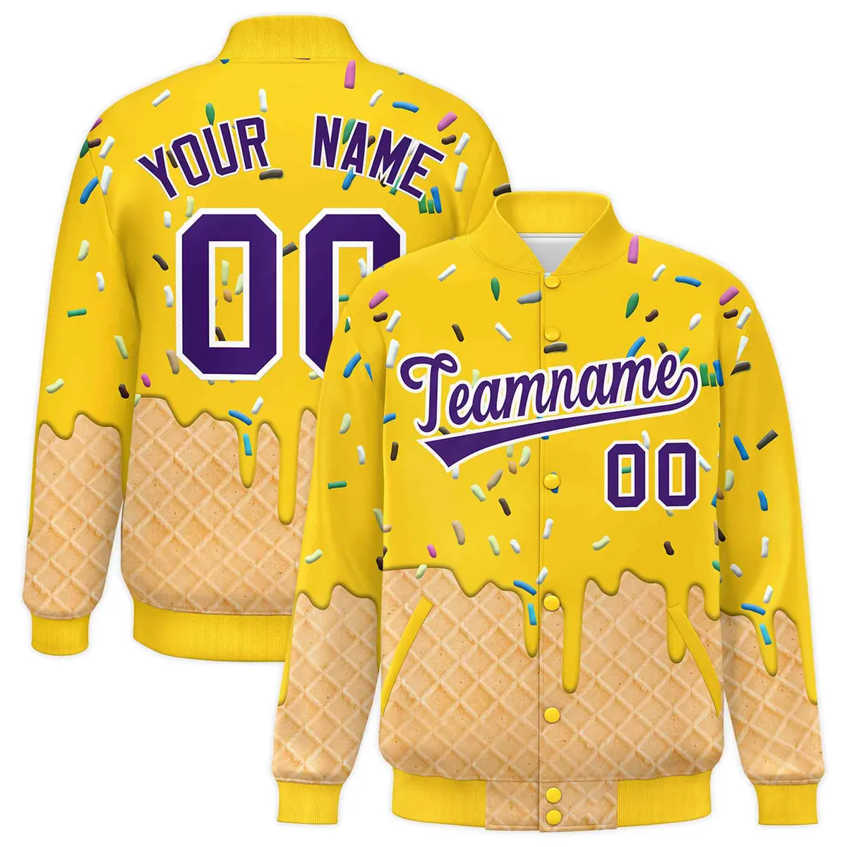 Gold Ice Cream Cone Graffiti Full-Snap Varsity Letterman Jacket