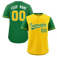 Gold Kelly Green Color Block Raglan Sleeves Baseball Jersey