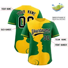Gold Kelly Green Couple Silhouettes Valentine's Day Baseball Jersey 3