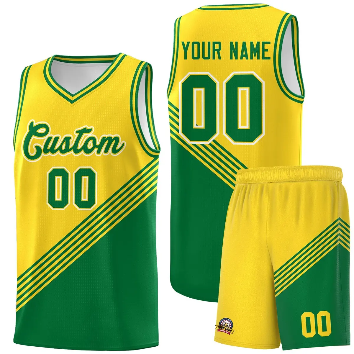 Gold Kelly Green Diagonal Stripes Color Block Basketball Jersey
