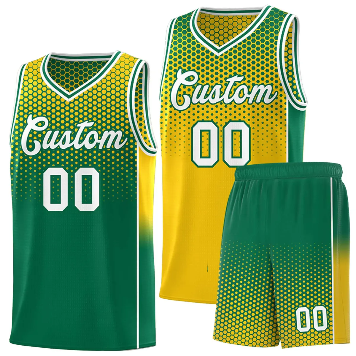 Gold Kelly Green Dot Pattern Reversible Gradient Basketball Jersey Kits