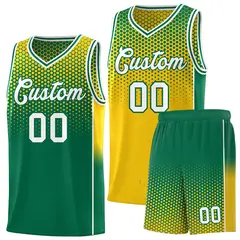 Gold Kelly Green Dot Pattern Reversible Gradient Basketball Jersey Kits