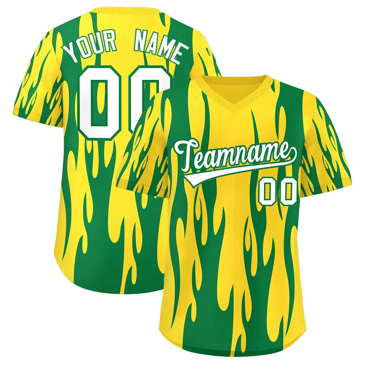 Gold Kelly Green Flame Pattern Pullover Baseball Jersey