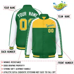 Gold Kelly Green K-Ribbon Raglan Full-Snap Color Block Letterman Jacket 2