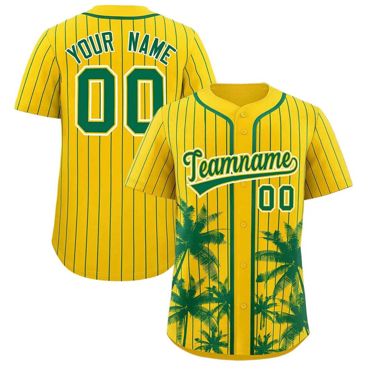 Gold Kelly Green Pinstripe Coconut Tree Baseball Jersey
