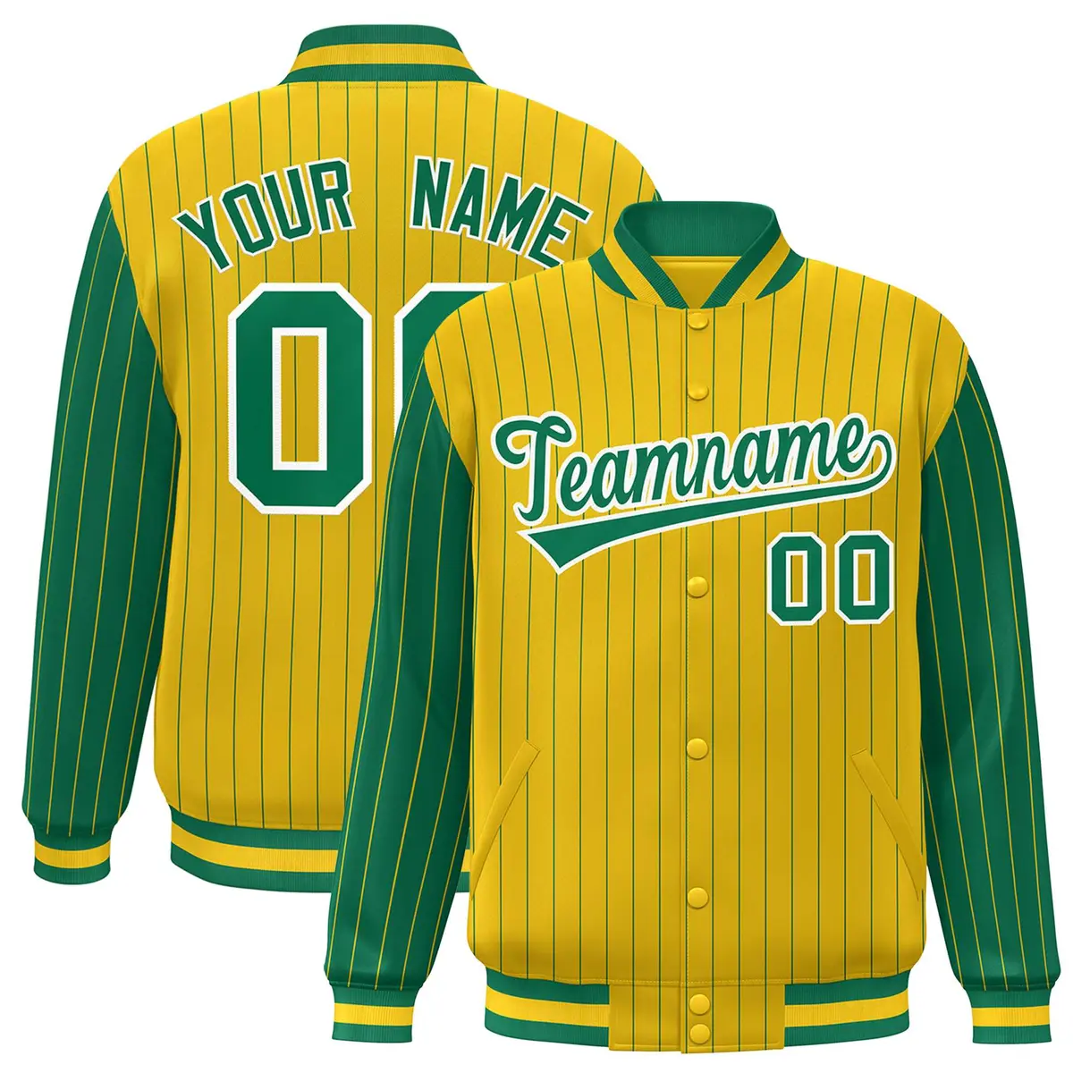 Gold Kelly Green Pinstripe Raglan Varsity Letterman Baseball Jacket