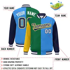 Gold Kelly Green Powder Blue-Navy Color Block Varsity Bomber Jacket 2