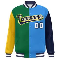 Gold Kelly Green Powder Blue-Navy Color Block Varsity Bomber Jacket 3