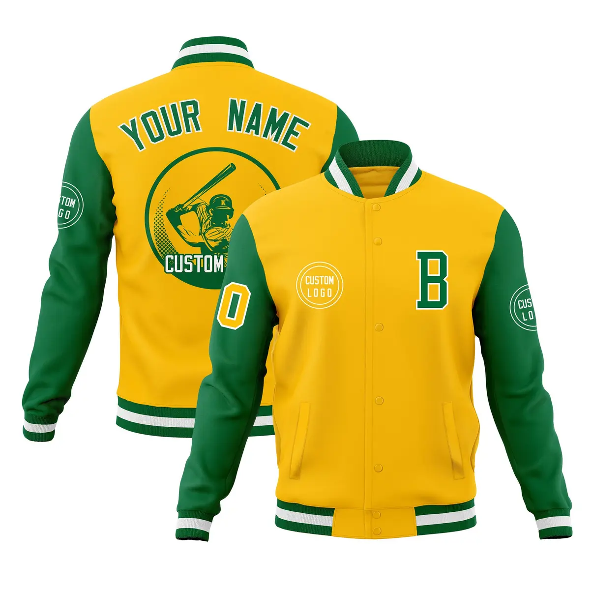 Gold Kelly Green Raglan Full-Snap Varsity Letterman Jacket