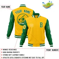Gold Kelly Green Raglan Full-Snap Varsity Letterman Jacket 4