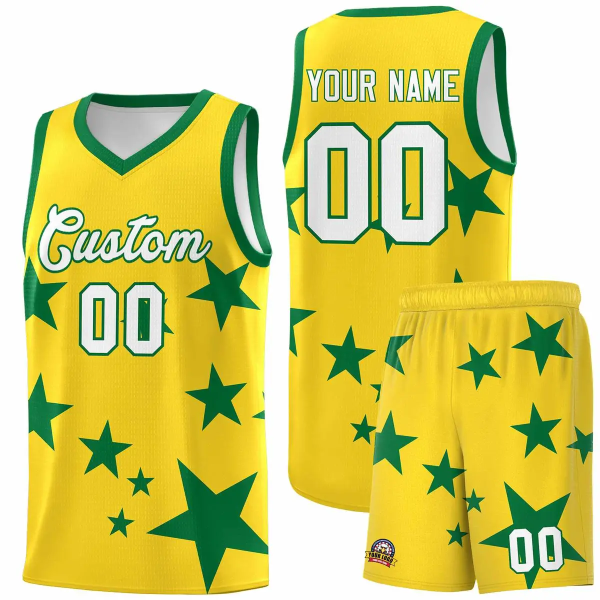 Gold Kelly Green Star Graffiti Basketball Jersey Sets