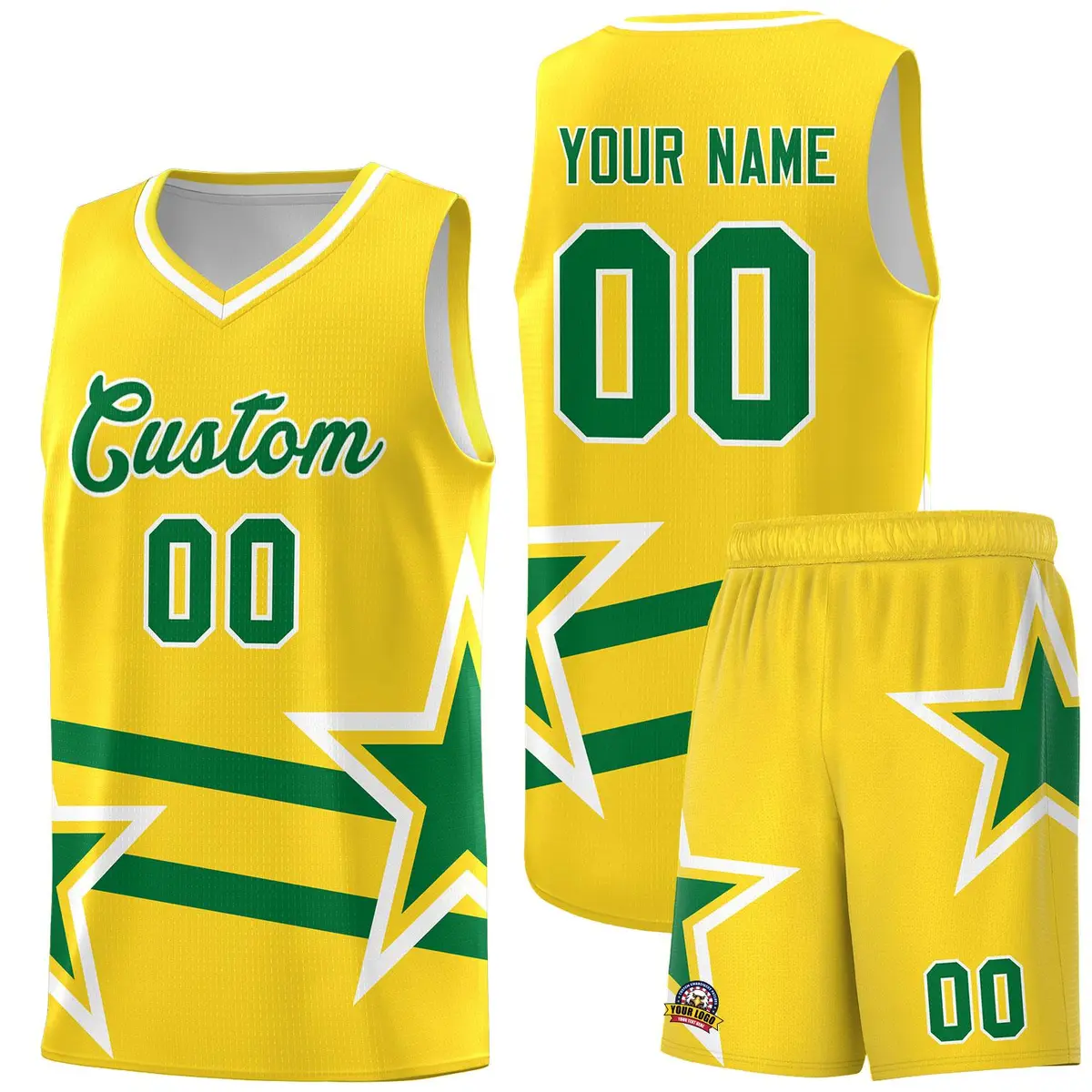 Gold Kelly Green Star Pattern Double Lines Basketball Kits