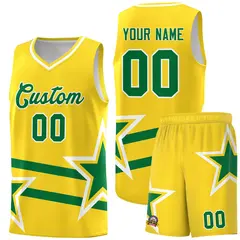 Gold Kelly Green Star Pattern Double Lines Basketball Kits 1