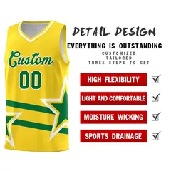 Gold Kelly Green Star Pattern Double Lines Basketball Kits 2