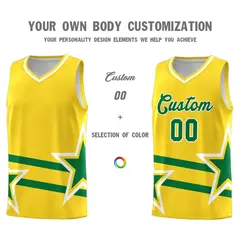 Gold Kelly Green Star Pattern Double Lines Basketball Kits 3