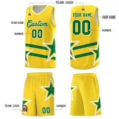 Gold Kelly Green Star Pattern Double Lines Basketball Kits 5