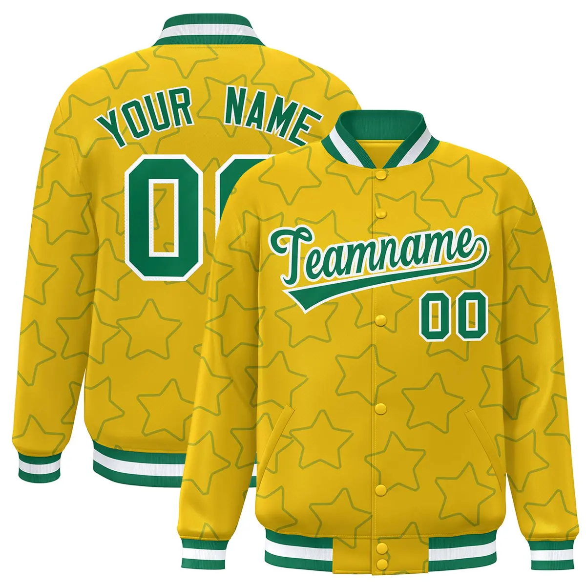Gold Kelly Green Star Pattern Varsity Letterman Baseball Jacket